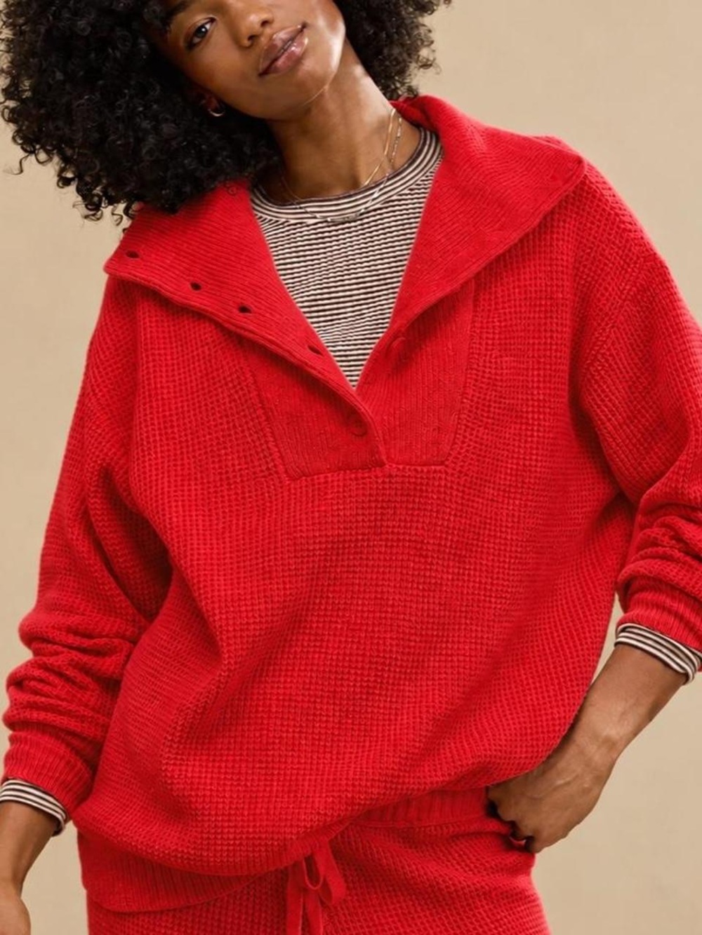 aerie Red Waffle-Knit Button Collar Sweater, Size Medium, Oversized, NWOT